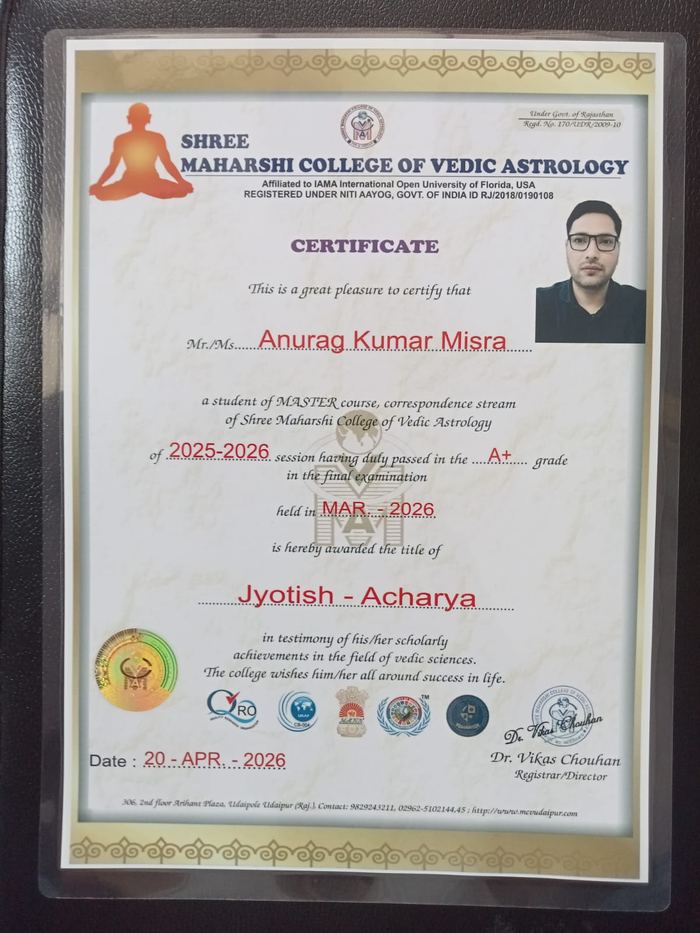 Jyotish-Acharya Certificate — Anurag Kumar Misra