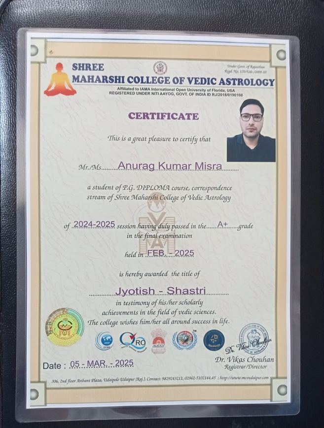 Jyotish-Shastri Certificate — Anurag Kumar Misra